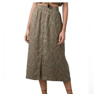 Prana Skirt Women’s Swift Lake Midi Rye Green Leaves Button Leaf Print